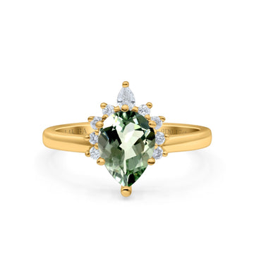 14K Yellow Gold 1.5ct Teardrop Art Deco Pear 9mmx6mm G SI Natural Green Amethyst Diamond Engagement Wedding Ring Size 6.5